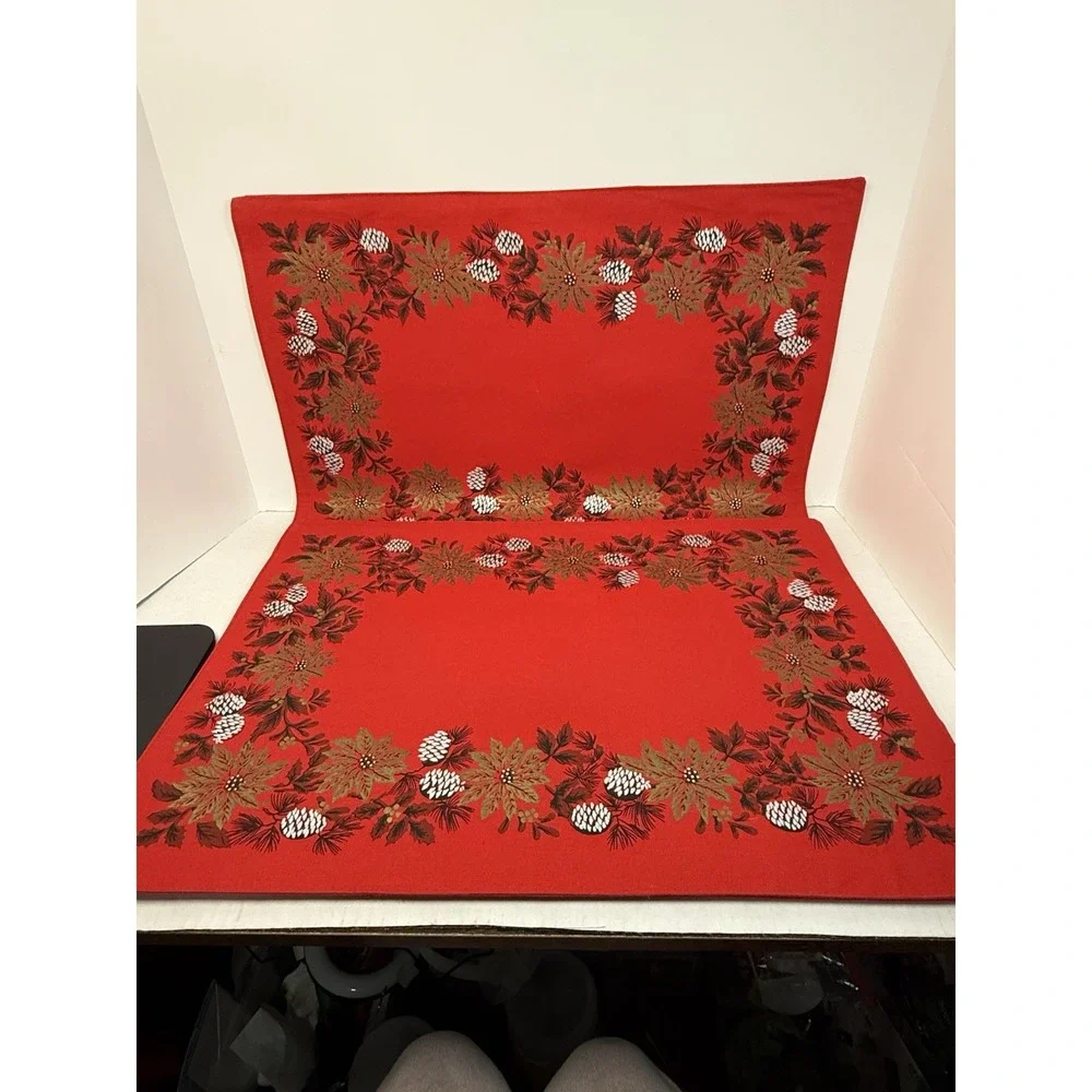 Fallani & Cohn Poinsettia & Pine Christmas Cloth‎ Placemats Reversible VTG Set 4